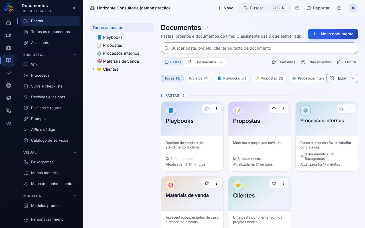 Tela de Documentos do Mentrun com pastas de playbooks, propostas, processos internos, materiais de venda e clientes