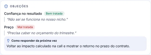 Objeções de uma call no Mentrun marcadas como bem tratada ou mal tratada, com a sugestão de como responder da próxima vez