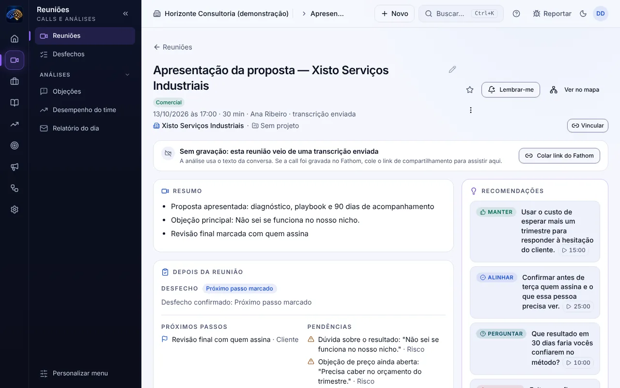 Reunião analisada no Mentrun com resumo em tópicos, desfecho, próximos passos, pendências e recomendações com o minuto de cada trecho