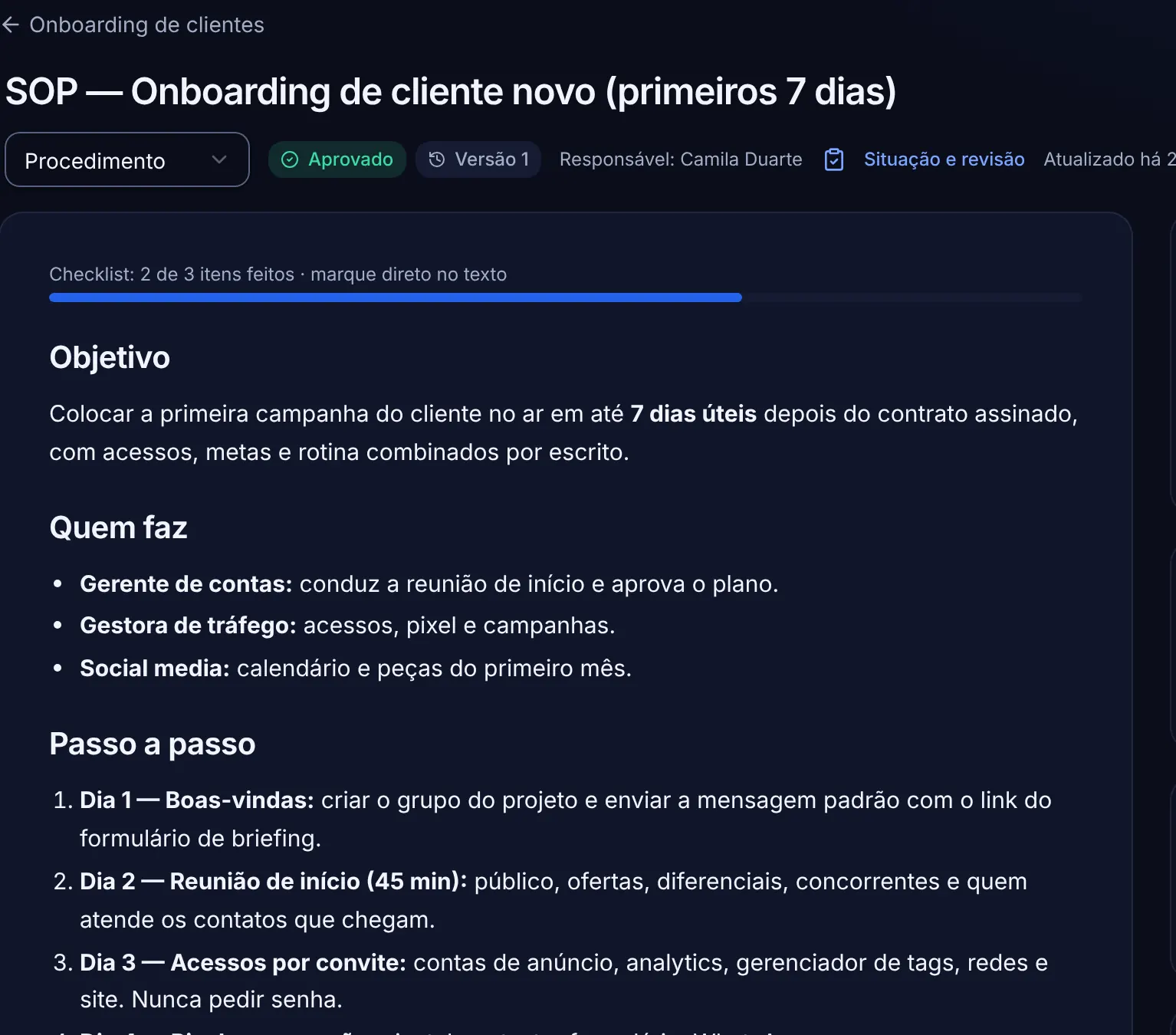 Tela real de Documentos no Mentrun: o SOP Onboarding de cliente novo aberto, aprovado, com responsável, passo a passo e checklist